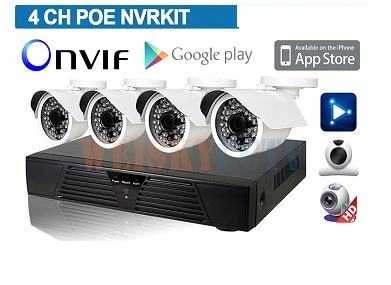 Kit videosorveglianza NVR HD 4CH Megapixel 960p Onvif + 4 Telecamere  IP 720p POE + cavi ed alimentatori